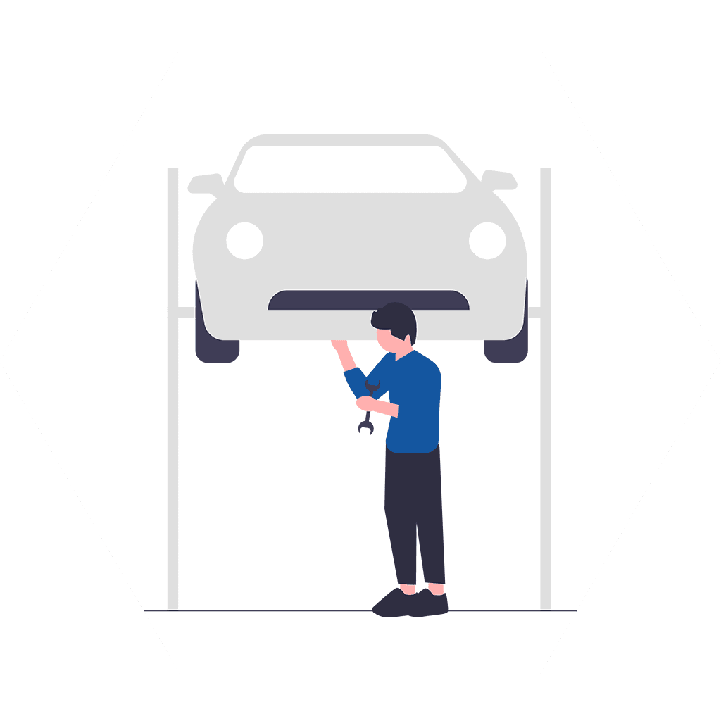 Illustration showing a car being inspected by Bojtár33's technician